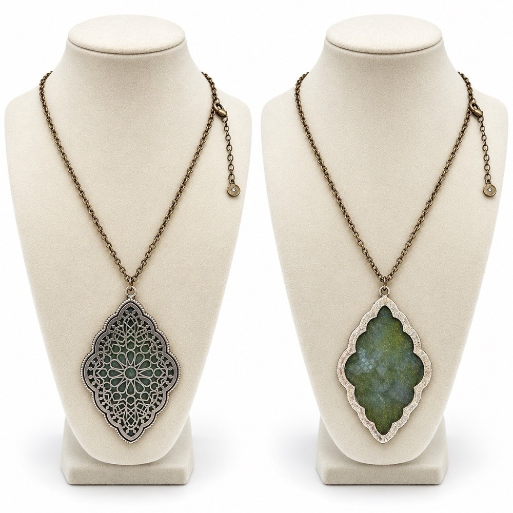 Premier Designs Green Reversible Filigree Pendant Necklace Boho Long Chain